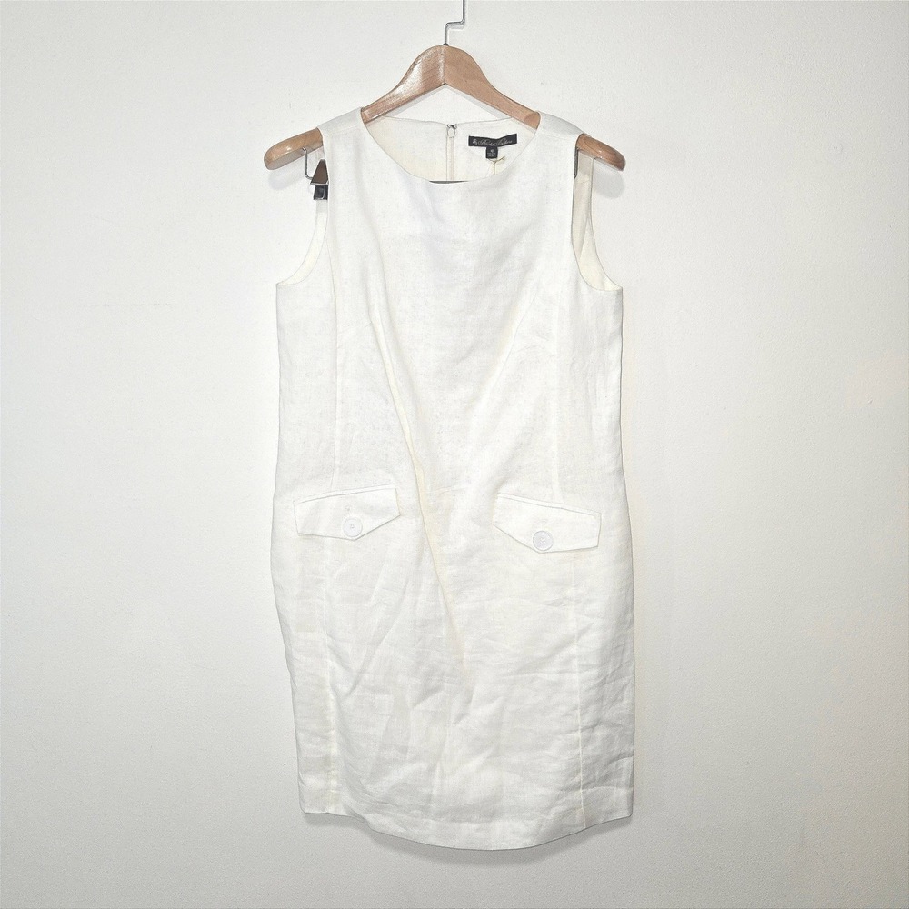 Brooks Brothers Linen Shift Dress Womens 10 Ivory Sleeveless Faux Pockets NWT